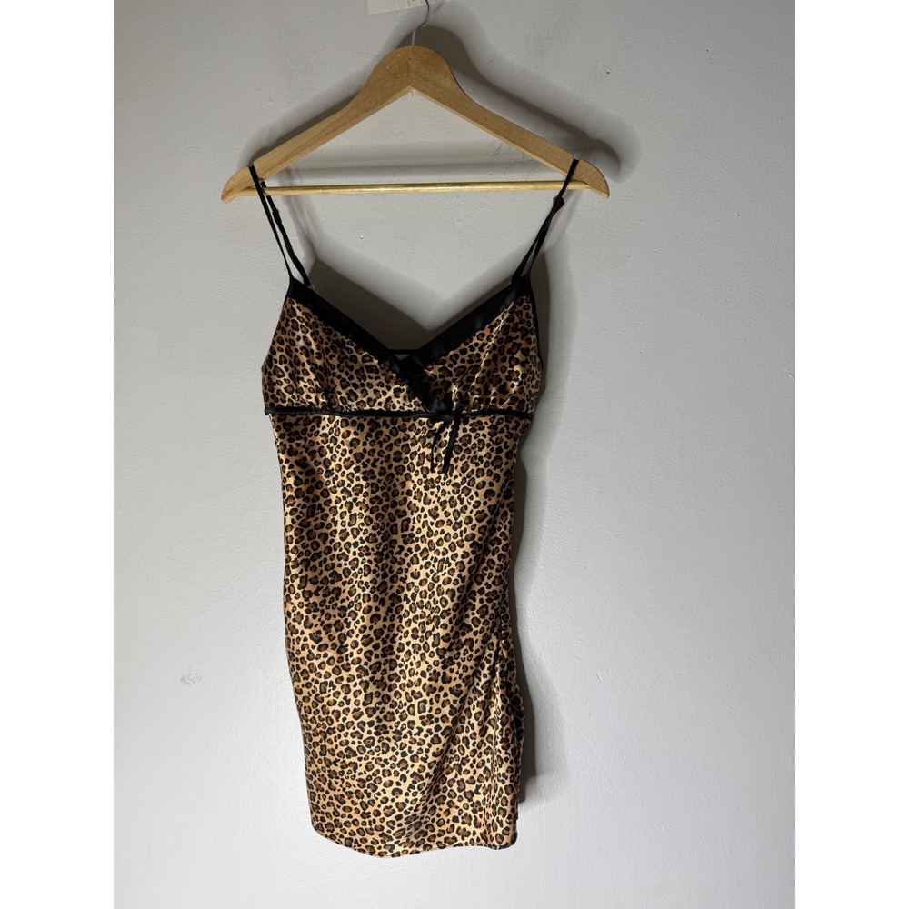 Morgan Taylor Intimates Leopard Print Satin Chemise Nightgown Small Black Trim